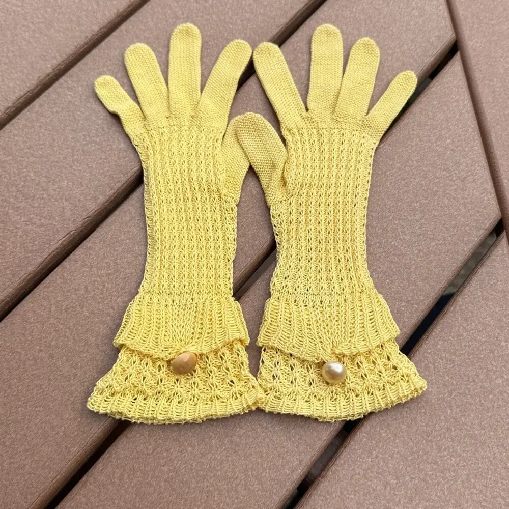 Vintage 40s-50s Yellow Knit Crochet Gloves